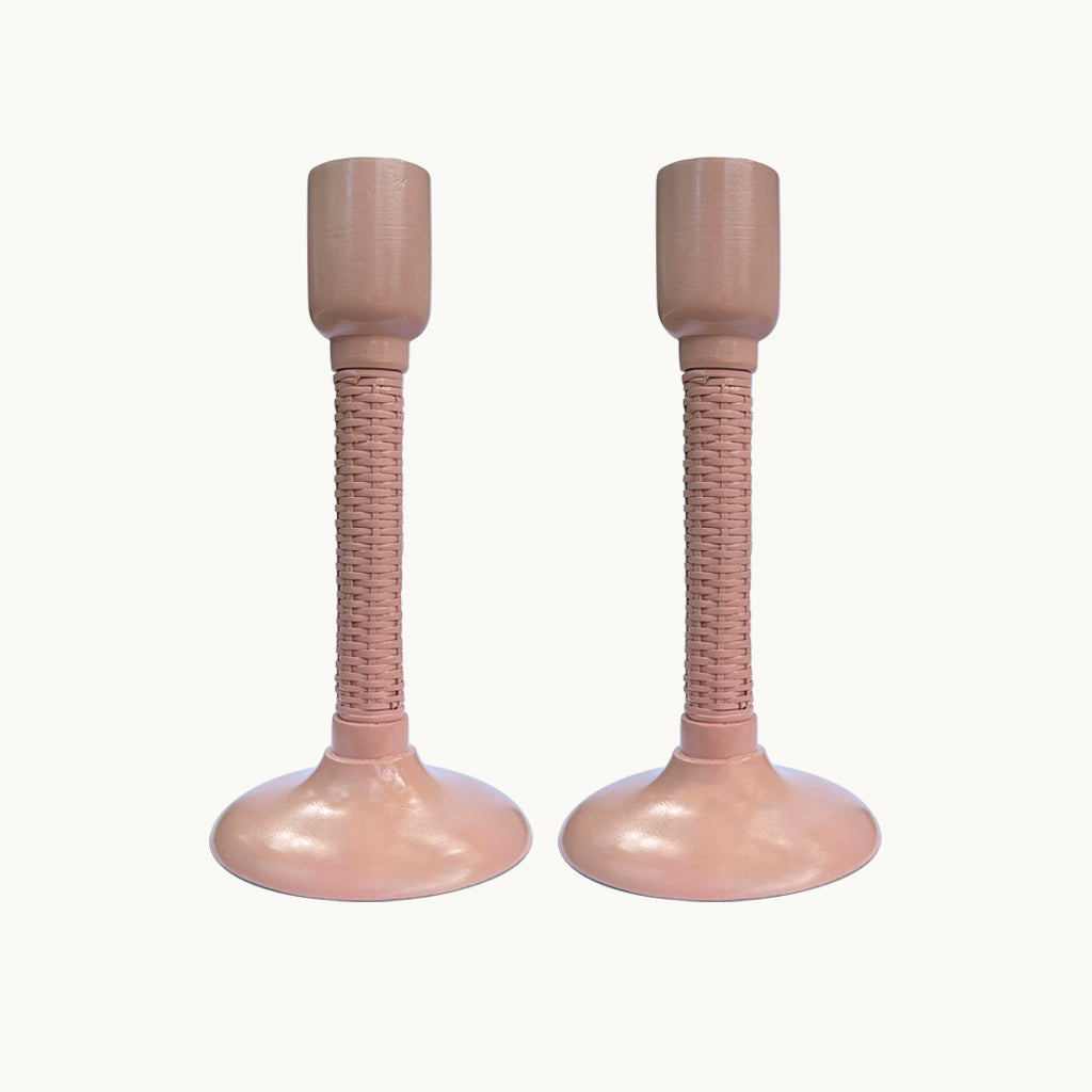 Rattan candle holders pink set